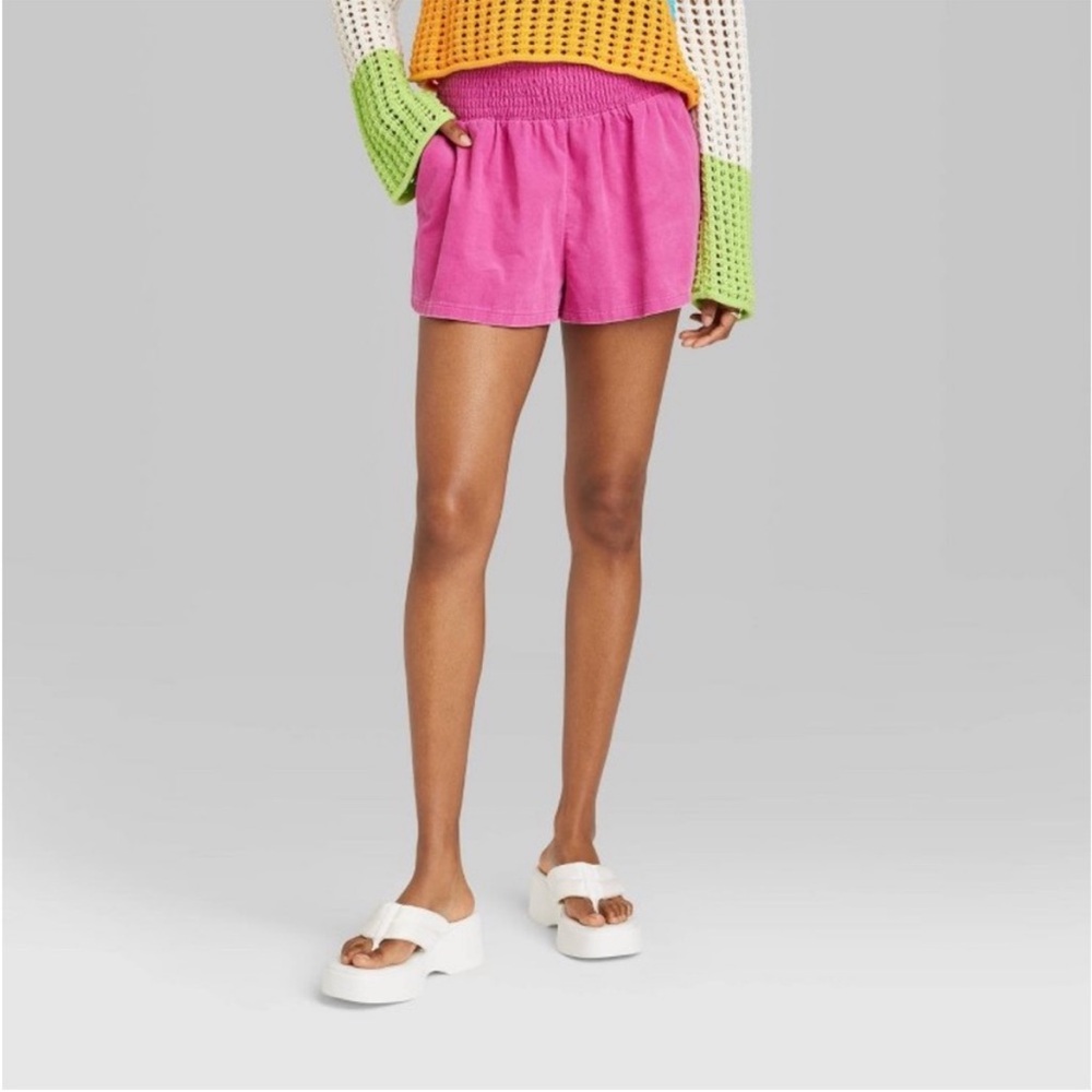 High Rise Smocked Waist Pull On Shorts w Pockets High Waisted Pink Travel Shorts